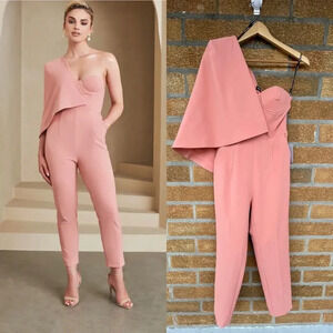 LAVISH ALICE One-shoulder Cape-detail Crepe Jumpsuit In Coral size 2